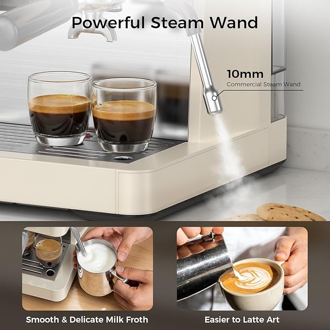 Kndko Espresso Machine with Grinder, 20 Bar Espresso Coffee Machines with Milk Frother Steam Wand, Espresso Maker for Latte, Cappuccino, Hot/Cold Brew, White