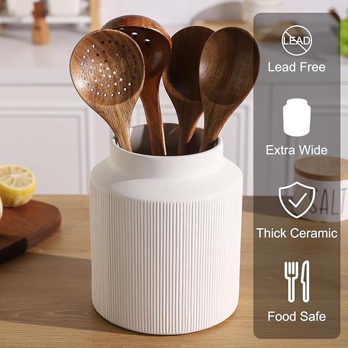 Farmhouse Ceramic Farmhouse Kitchen Utensil Holder for Countertop, Rustic Cooking Utensil Holder Crock Fit for Kitchen Counter. White 6.1 x 6.1 x 7 IN