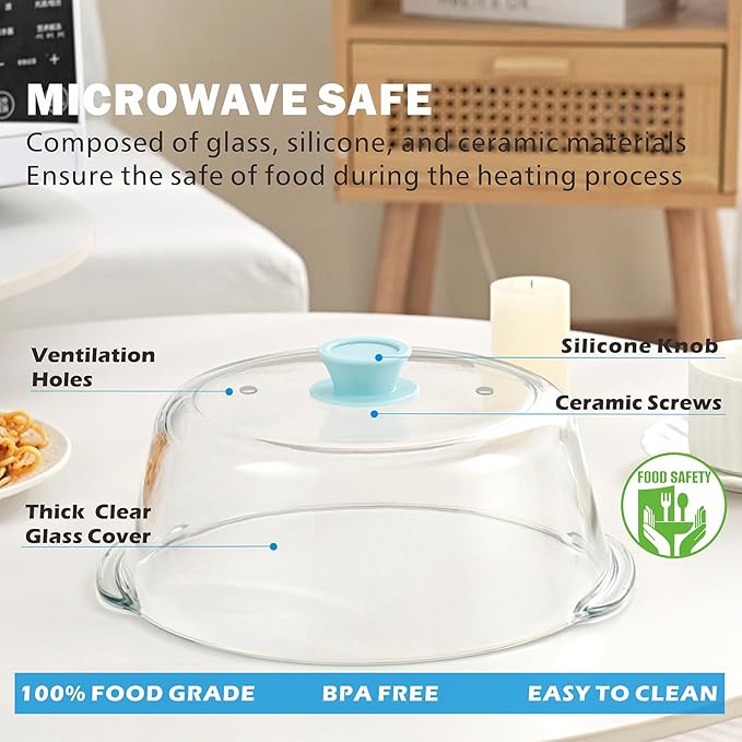 Tall Glass Microwave Splatter Cover for Food with Vent Hole 100% Food Safe 10in Plate Splatter Guard Lid with Silicone Knob BPA Free Cookware Serving Dish Cover Dishwasher Safe