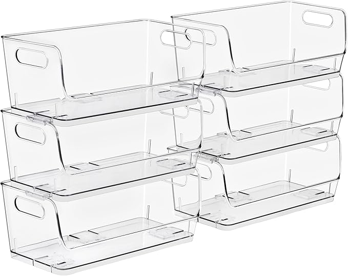 Sorbus Stackable Storage Bins Open Front, Clear Stackable Storage Bins, Pantry Bins for Storage and Organization, Acrylic Stackable Bins for Kitchen, Clear Pantry Organizer Bins (Small Wide 6 Pack)