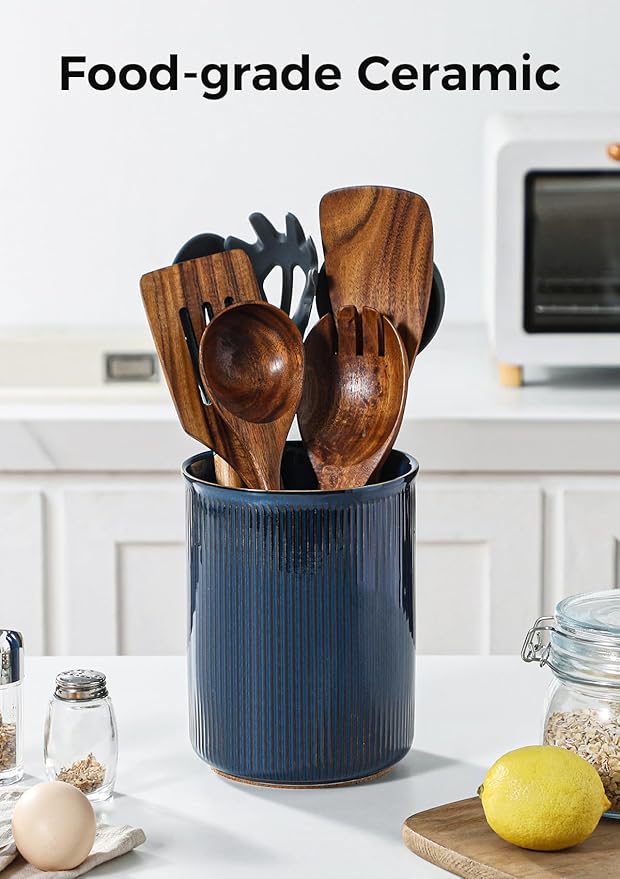 LoeJan Utensil Holder, Extra Large Utensil Crock, Stable Ceramic Utensil Organizer, Cooking Tool Organizer Set for Kitchen Counter Farmhouse Décor, Flambe Blue