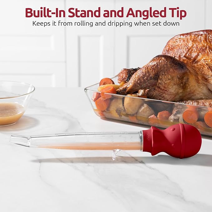 U-Taste 18/8 Stainless Steel Measuring Cups and Spoons Set of 10 Piece, Upgraded Thickness Handle and 1.5oz Heat Resistant Angled Turkey Baster with Cleaning Brush for Cooking Basting (Red)