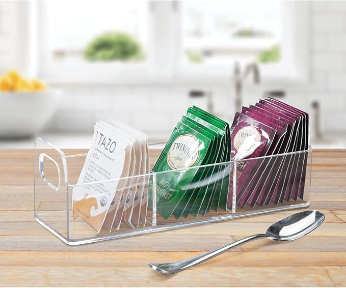 mDesign Plastic Condiment Organizer and Tea Bag Holder - 9" Long Kitchen Pantry/Countertop Storage Caddy - Divided Chip, Snack, Granola, Oatmeal Packet Holder - Lumiere Collection - 2 Pack - Clear