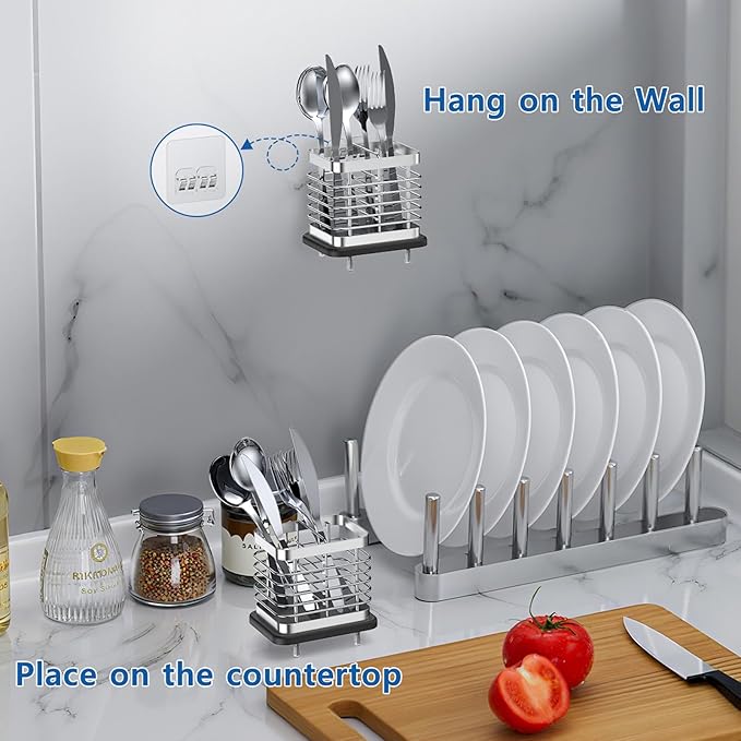 2 Slots Utensil Holder for Kitchen Counter, Small Stainless Steel Cutlery Holder Organizer with Drying Diatomaceous Earth Base, Utensil Drying Rack Spoon Fork Organizer Crock Storage, Sliver