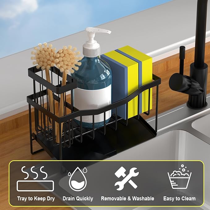 Maifan Sink Caddy Sponge Holder for Kitchen with Brush Holder and Stainless Steel Self Drain Tray, Rustproof Kitchen Sink Organizer for Sponge, Soap Dispenser Storage Accessories