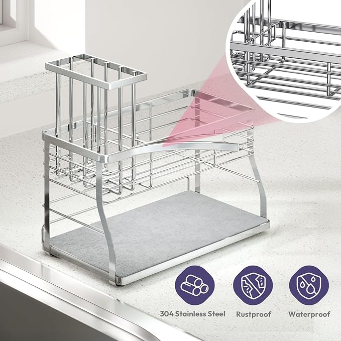 SWTYMIKI Kitchen Sink Caddy Organizer, 2 Tier Sponge Holder for Kitchen Sink with Instant Drying Stone, Removable Brush Holder for Fast Drying on Countertop, Silver