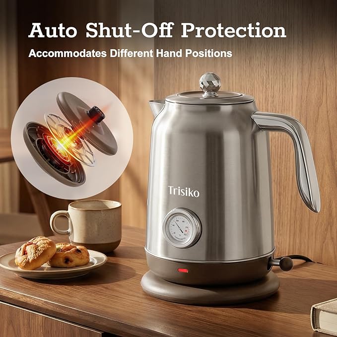 Trisiko® 1.7L Large Electric Kettle with Thermometer,57.oz Electric Tea kettle with Automatically Shut Off,304 Stainless Steel,1200W Hot Water Kettle Electric for Coffee&Tea (Chrome)