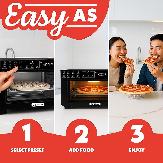 Gourmia Toaster Oven Digital Air Fryer - Convection Mode with 4 Slice Capacity, 3 Rack Positions, 12 Presets, Toast, Bagel, Bake, Roast, Broil, Dehydrate, Popcorn, Fits 9" Pizza, Black
