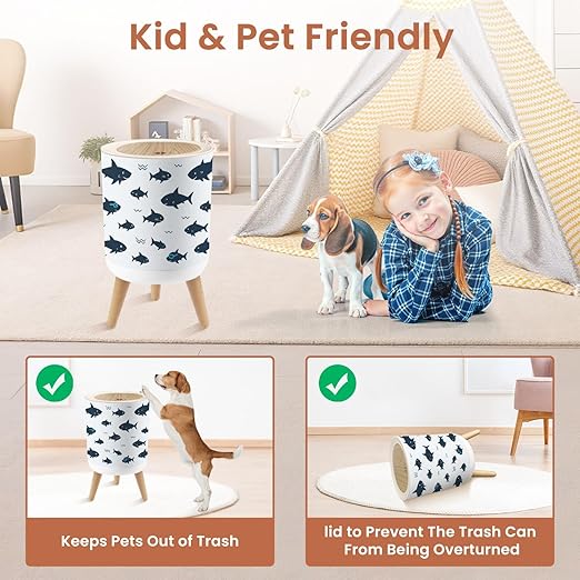 Small Trash Can with Lid Cute Shark Kids 1.8 Gallon Dog Proof Trash Can Round Garbage Can Waste Bin Wastebasket for Bathroom Bedroom Kitchen