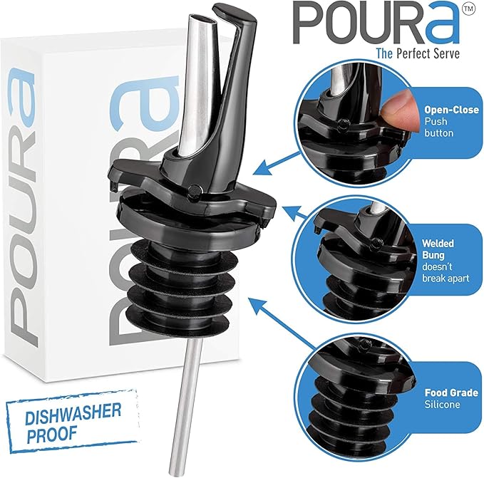 Poura 4 Liquor Pour Spouts (Black) with Built-in Caps for Optimal Fly & Dust Protection - Dishwasher Safe, Hygienic Spouts - with 2 Adapters for Large Neck Bottles