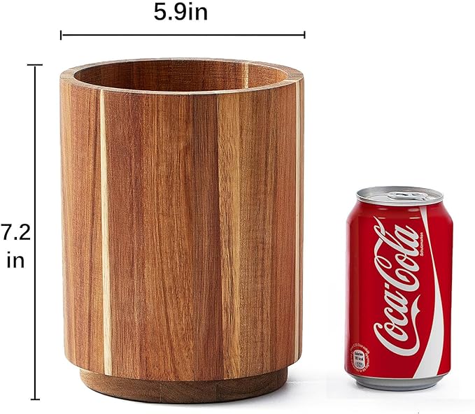Acacia Wood Utensil Holder for Kitchen Counter, 360° Rotating 7.2" Wooden Cooking Utensil Crock for Countertop, Farmhouse Kitchen Decor
