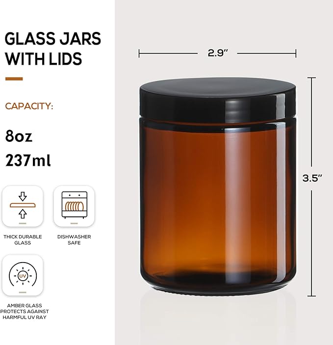 12 Pack, 8 OZ Dark Amber Candle Jars for Making Candle - Thick Glass Jars with 12 Metal & 12 Plastic Lids - Empty Round Food Storage Containers, Canning Jar For Spice, Liquid, Sample - Food Grade