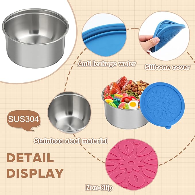 Cmonie 3Pack Stainless Steel Containers with Lids,10/20/33 oz Easy Open Leak Proof Metal Snack Containers,Food Storage Bento Box for Snacks, Fruits (3Pcs-20 oz)