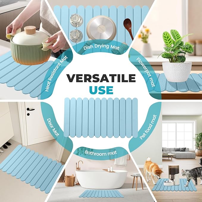 Extral Large Quick Dry Stone Drying Mat for Kitchen Counter,28"(L)x16"(W) Collapsible Eco-Friendly Absorbent Diatomaceous Earth Mat for Dishes Cups,Dish Drying Mats (Blue-Ellipse, 28x16 inch)