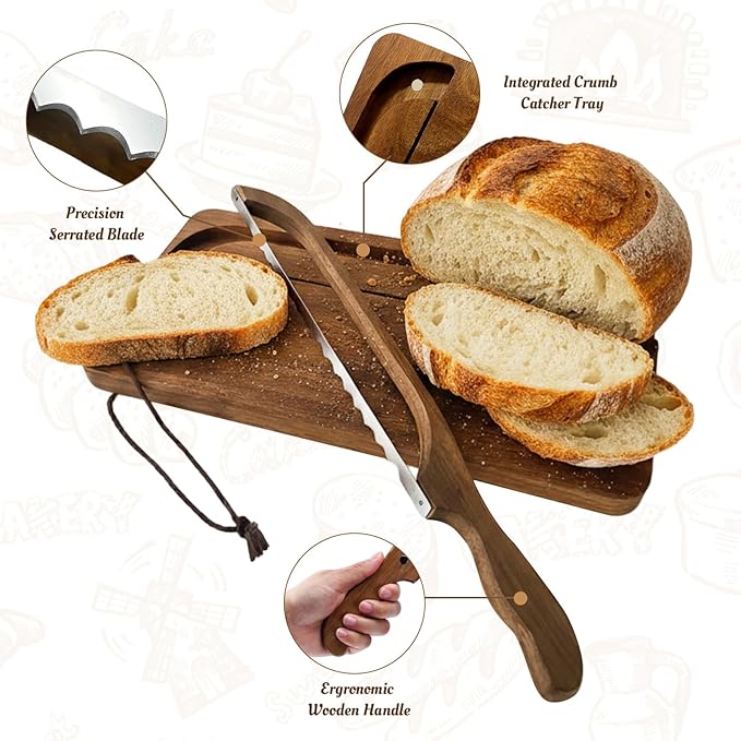 Bread Slicer and Bow Knife Set with Wooden Cutting Board, 8 Inch Serrated Steel Bread Knife for Sourdough & Homemade Bread, Ergonomic Handle with Matching Crumb Tray, Ambidextrous Design