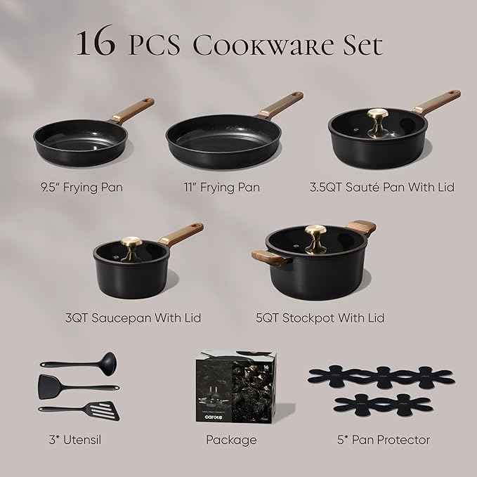 CAROTE Ceramic Cookware Set Nonstick, 16pcs Pots and Pans Set Nonstick, Non-Toxic & PFAS-Free, Dishwasher, RV/Camping Cookware Set, Cooking Pots with Lids, Charcoal Black