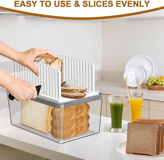 Kiss Core Upgrade Bread Slicer for Homemade Bread with Bread Box, Bread Slicing Guide Adjustable Width, Foldable and Compact Cutting Guide with Crumb Tray, Suitability for Homemade Bread, Bagels,Cakes