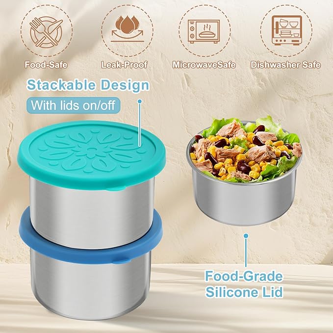 Cmonie 3Pack Stainless Steel Containers with Lids,10/20/33 oz Easy Open Leak Proof Metal Snack Containers,Food Storage Bento Box for Snacks, Fruits (3Pcs-10 oz)