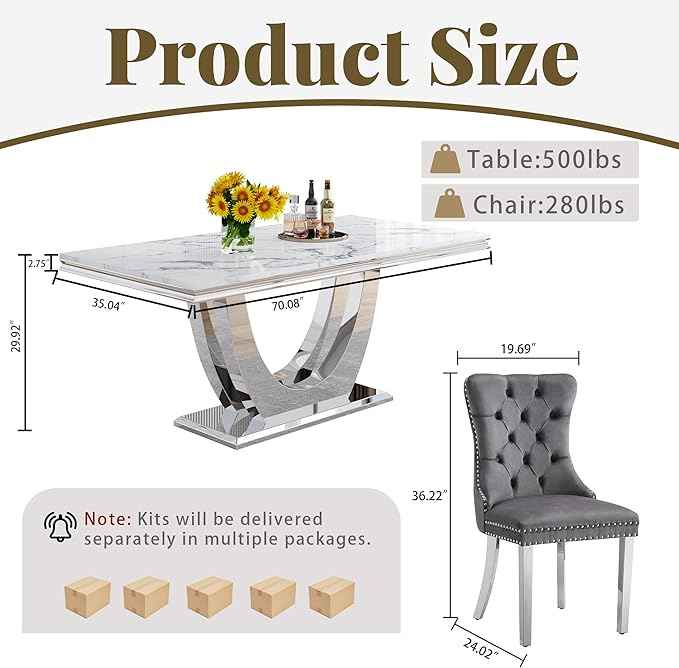 Marble Dining Table Set for 6,70" White Faux Marble Kitchen Tables and Velvet Chairs for 6,7 Piece Luxury Dining Room Table Set and 6 Upholstered Chairs with Silver Stainless Steel Bases