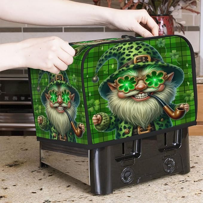 St Patrick Green Funny Gnome Toaster Cover 4 Slice Dust and Fingerprint Protection Toaster Bread Maker Covers Washable Kitchen Small Appliance Covers for Kitchen Accessories Decor Bakeware Women Gift