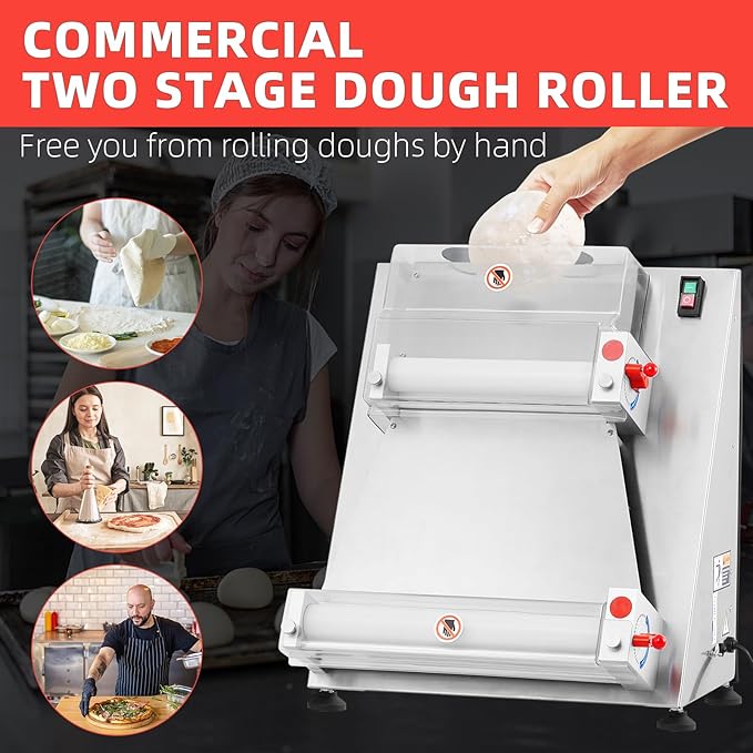 Commercial Pizza Dough Roller Sheeter, Max 16", Towallmark Automatic 370W Electric Pizza Dough Roller, Stainless Steel, Suitable for Noodle, Pizza Bread and Pasta Maker Equipment