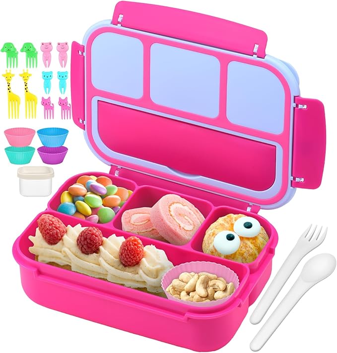 QQKO Bento Box for Kids Adults, School Toddler Lunch Box for Boys Girls, Lunch Box Containers with 4 Compartments, Sauce Container, Utensils, Food Picks and Muffin Cups for School, Pink Blue