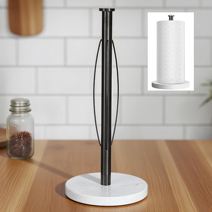 ZUNTO Standing Paper Towel Holder for Countertop, Stainless Steel Paper Towel Rack with Heavy-Duty Marble Base, Anti Slip, Paper Roll Holder for Kitchen Desktop, Simply Tear for One Hand