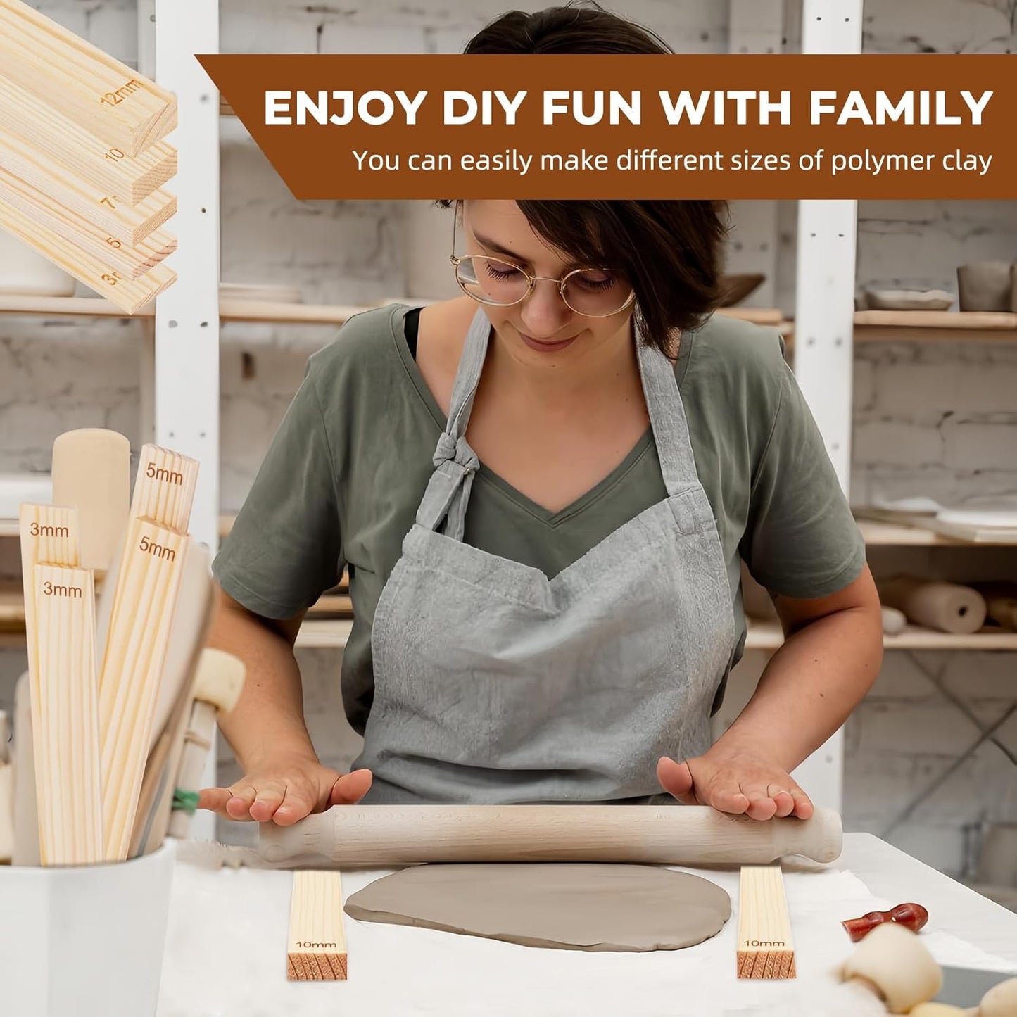 Mowawa 10 Pcs Pottery Teaching Rolling Mud Stick Guide Set, 5 Size Mudboard Guide Wooden Strips, Pottery Tool Clay Tools for Precise Polymer Clay Thickness Measurement