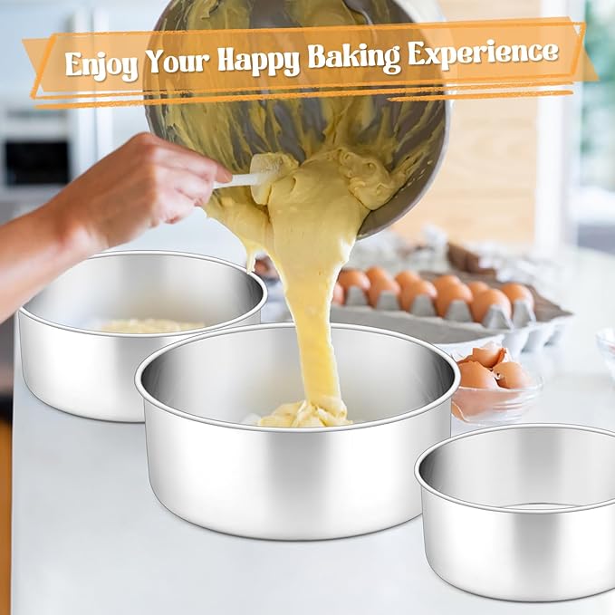 P&P CHEF 6 + 8 + 9.5 Inch Cake Pans Set, Round Baking Pan Stainless Steel Layer Birthday Wedding Cake Oven Pans, Non Toxic & Heavy Duty, Deep Side & Mirror Finish, Dishwasher Safe, (3Pcs)