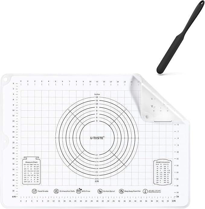 U-Taste 600ºF Heat-Resistant 10in Long Skinny Silicone Jar Spatula, and 20inx28in Large Silicone Pastry Mat Food-Grade Non-Stick Dough Rolling Mat (Black+Transparent)