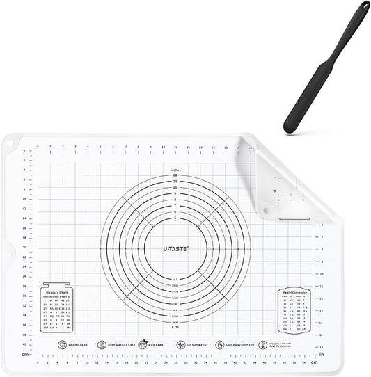 U-Taste 600ºF Heat-Resistant 10in Long Skinny Silicone Jar Spatula, and 20inx28in Large Silicone Pastry Mat Food-Grade Non-Stick Dough Rolling Mat (Black+Transparent)