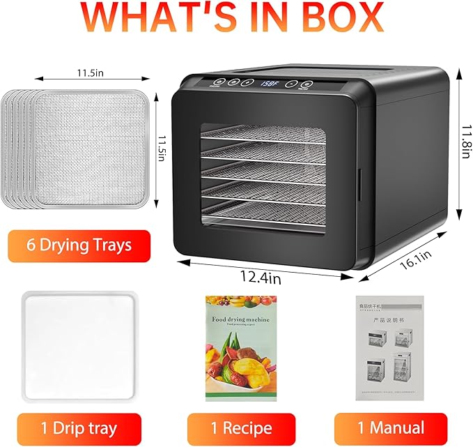 Food Dehydrator for Jerky, 5.5 ft² Large Drying Space, 6 Stainless Steel Trays Dehydrator Machine, 72H Timer, 158°F Temperature Control Fruit Dehydrator for Herbs, Meat, and Yogurt