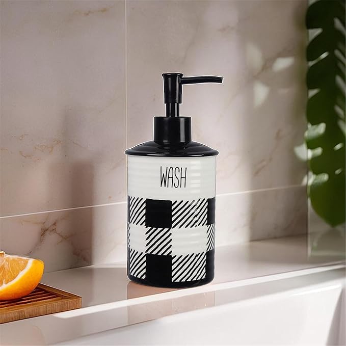 Youngs 21079 Buffalo Plaid Lotion Dispenser, 7-inch Height, Ceramic, Black and White