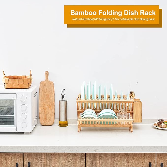 Bamboo Dish Drying Rack, 3-Tier Collapsible Wooden Dish Rack with Utensil Holder, Bamboo Dish Drainer Rack for Kitchen Counter 25pcs