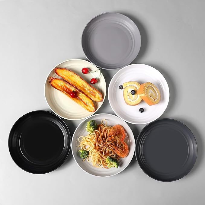 12 Pcs Unbreakable Deep Dessert Plates Set, 8 inch Reusable Plastic Wheat Straw Plates, Microwave and Dishwasher Safe Plate for Kitchen, Lightweight Plate for Dessert, BPA Free, 6 Colors