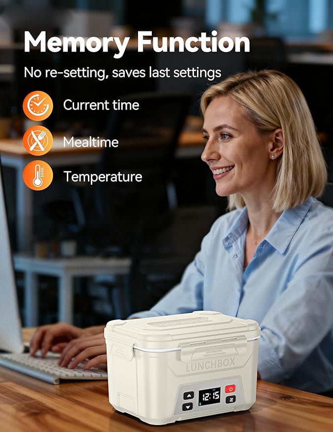 EAST OAK Heated Lunch Box for Men, Electric Lunch Box for Adults, 5.5 Cups Cordless Portable Food Warmer, Rechargeable Self Heating Food Heater with Memory Function, Automatic Keep Warm(White)