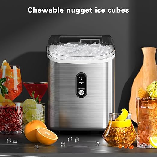Antarctic Star Nugget Ice Maker Countertop with Handle, Stainless Steel, 35Lbs/24Hrs,7 Mins Ice Making, Pellet Ice Maker with Ice Basket/Ice Scoop for Home/Bar/Party/Office