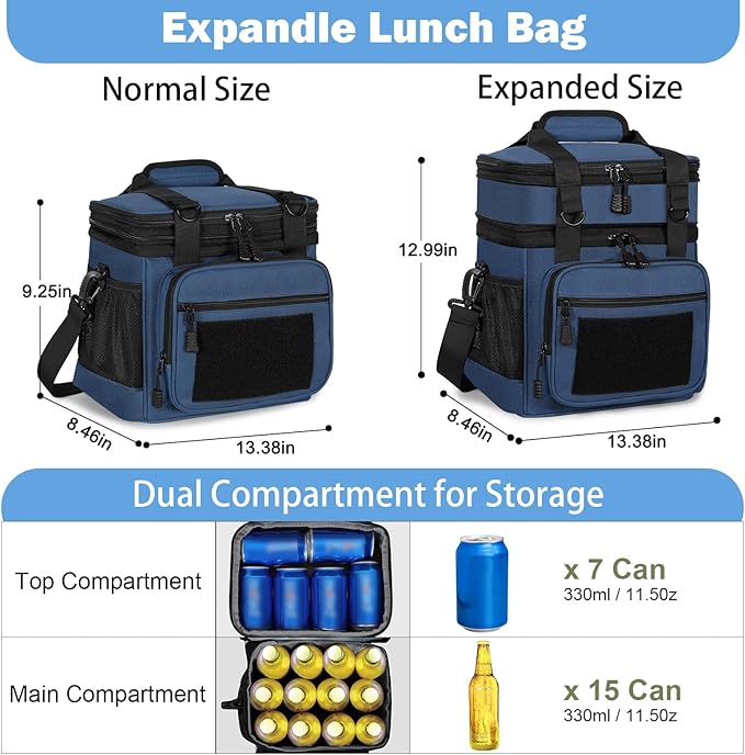 GLENKEY Tactical Lunch Box Cooler Bag - Expandable Insulated Lunch Bag for Men Women - XLarge Lunchbox for Adults Work Shifts Outdoor Trips Blue 22L