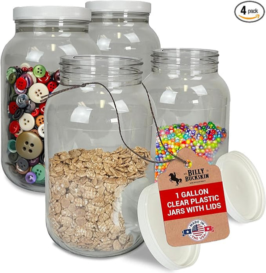 1 Gallon Large Plastic Jars with Lids (4 Pack) - Food Safe & Air Tight - Large Clear Plastic Jars with Lids - Wide Mouth Food Storage Containers - Kitchen & Pantry Organization by Billy Buckskin