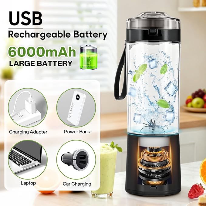 MIAOKE 2026 Upgrade 700 ML Portable Smoothie Blender, Rechargeable Personal Blende, Contains both Automatic and Pulse Functions, with Travel Cup and Lid, 6 Sharp Blades, Mixer Blender Machine Black