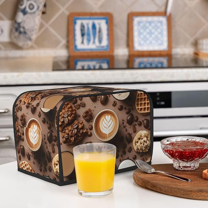 Brown Coffee Pattern Toaster Cover 2 Slice, Cute Country Bread Machine Cover, Washable Toaster Kitchen Small Appliance Cover Stain Resistant,with Top Handle