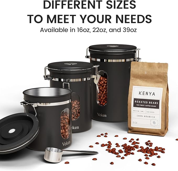 Veken Large Coffee Canister with Window, Kitchen Food Storage Airtight Stainless Steel Container for 2.2lbs Coffee Beans, Grounds, Rice,Tea, Flour, Cereal, Sugar Jars,Date Tracker and Scoop 39oz,Black