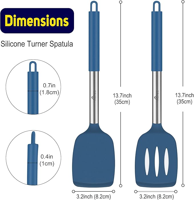 HOTEC Silicone Spatula Set of 2 Heat-Resistant 600°F & BPA-Free Kitchen SaptulaTurner with Stainless Steel Handles, Slotted & Solid Spatulas for Nonstick Cookware, 13.7 Inch, Classic Blue