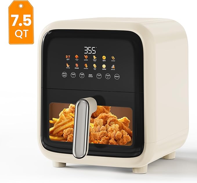 Fullwill Air Fryer with Visible Window, 7.5QT,12-in-1 Multi-Function Air Fry,Roast,Bake, Dehydrate, Fries,Nonstick and Dishwasher-Safe Basket,Family&friends Party,1700W,Creamy White