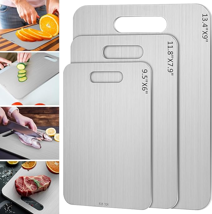 3 Pcs Stainless Steel Cutting Board for Kitchen 304 Steel Chopping Dishwasher Safe Metal Cutting Board Set for Kitchen Meat Fruit Vegetable (13.4"x9",11.8"x7.9",9.5"x6")