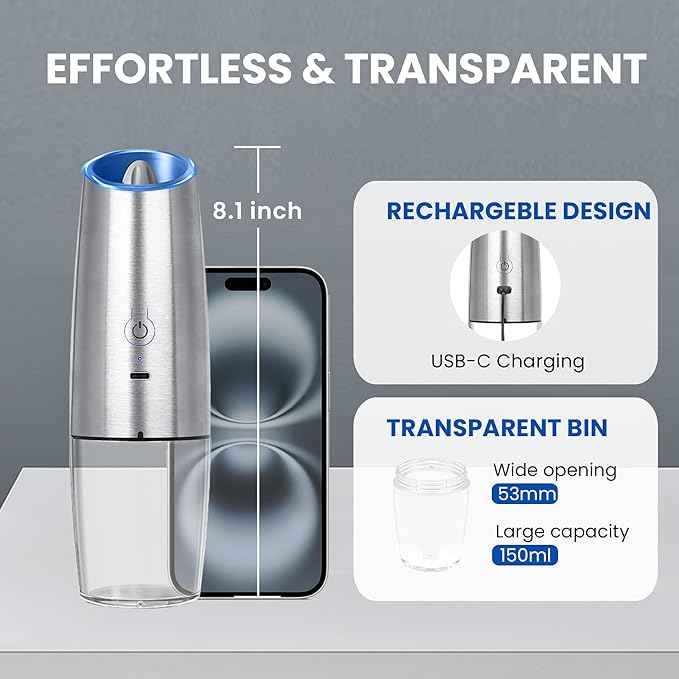 Rechargeable Electric Salt and Pepper Grinder, gravity electric salt and pepper grinder, Adjustable Roughness, LED Light, 1 Pack, (Silver)