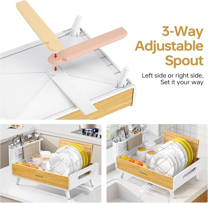 Urackify Dish Drying Rack for Kitchen Counter - Stainless Steel & Bamboo Dish Rack with Large Removable Utensil Holder, Dish Drainer with Adjustable Automatic Spout, White