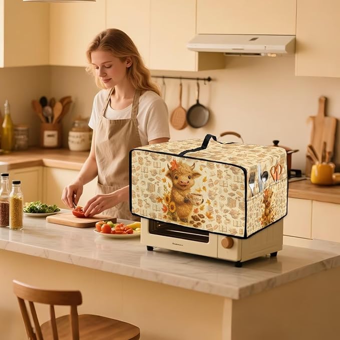 Toaster Oven Dust Cover Dustproof Convection Microwave Ovens Cover Stain-resistant Small Countertop Appliance Protector, L, Highland Cow Coffee Sunflower Fall Decor