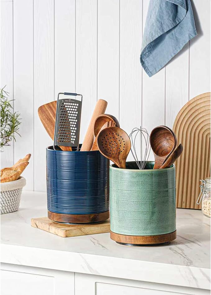 Utensil Holder, 360° Rotating Extra Large Ceramic Kitchen Utensil Holder for Countertop, 7.3“ Cooking Utensil Crocks for Kitchen Counter with Rotatable Wooden Base, Farmhouse Decor, Forest Green
