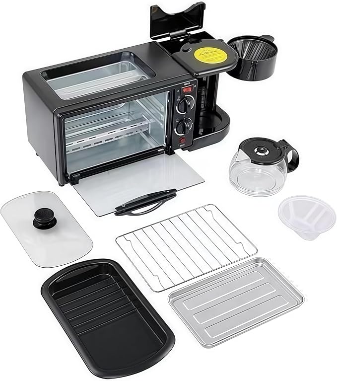 9L, 3-in-1 multifunctional home breakfast machine, mini oven, coffee machine, with timer，visible window (Black)